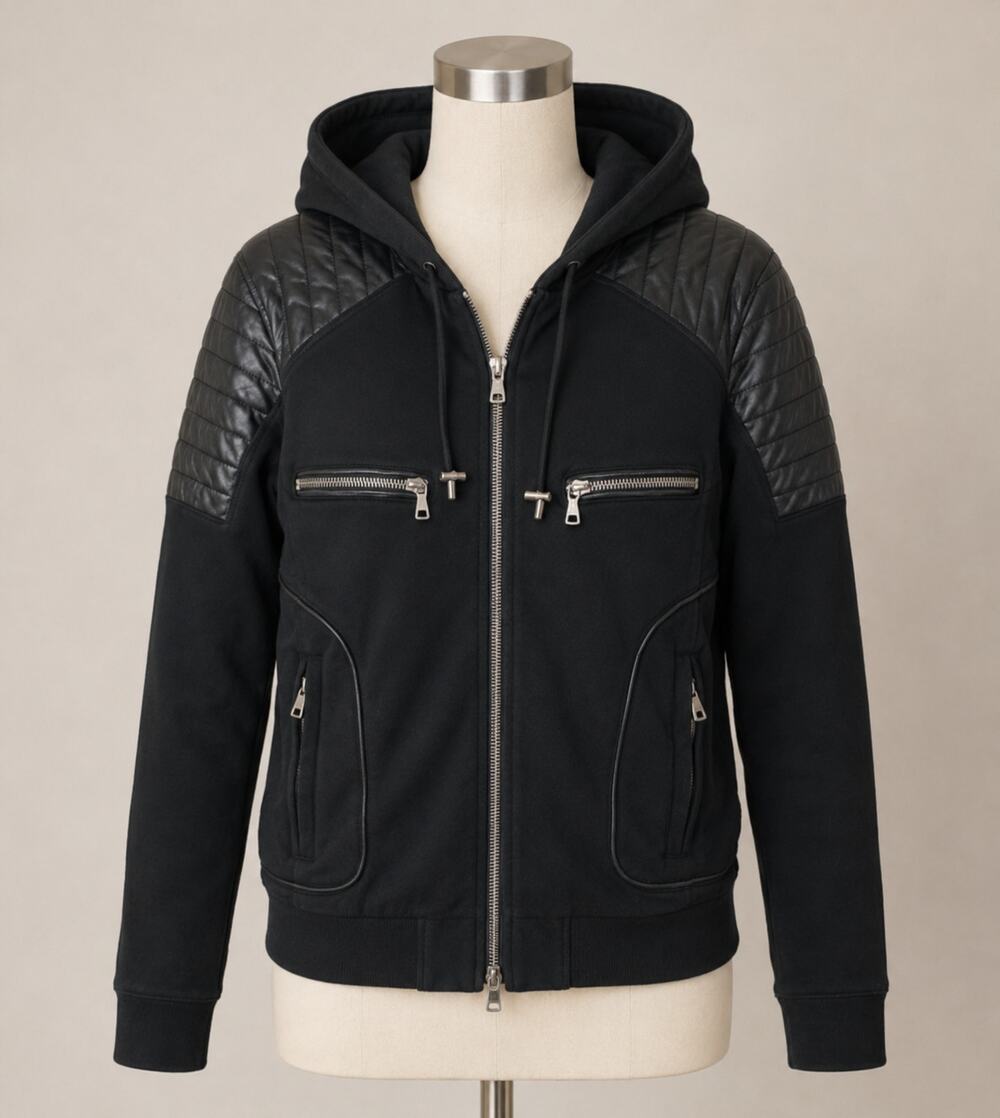 FUC Balmain Black Moto Hoodie Jacket Quilted Leather Shoulder Zip Sweatshirt M